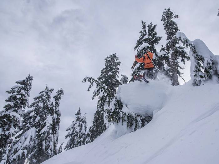 Skier performing a jump on a powder day.