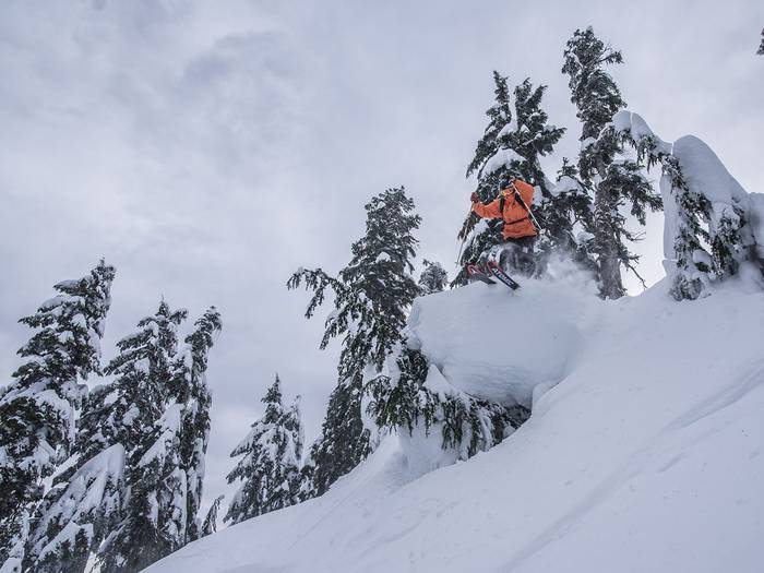 Skier performing a jump on a powder day.