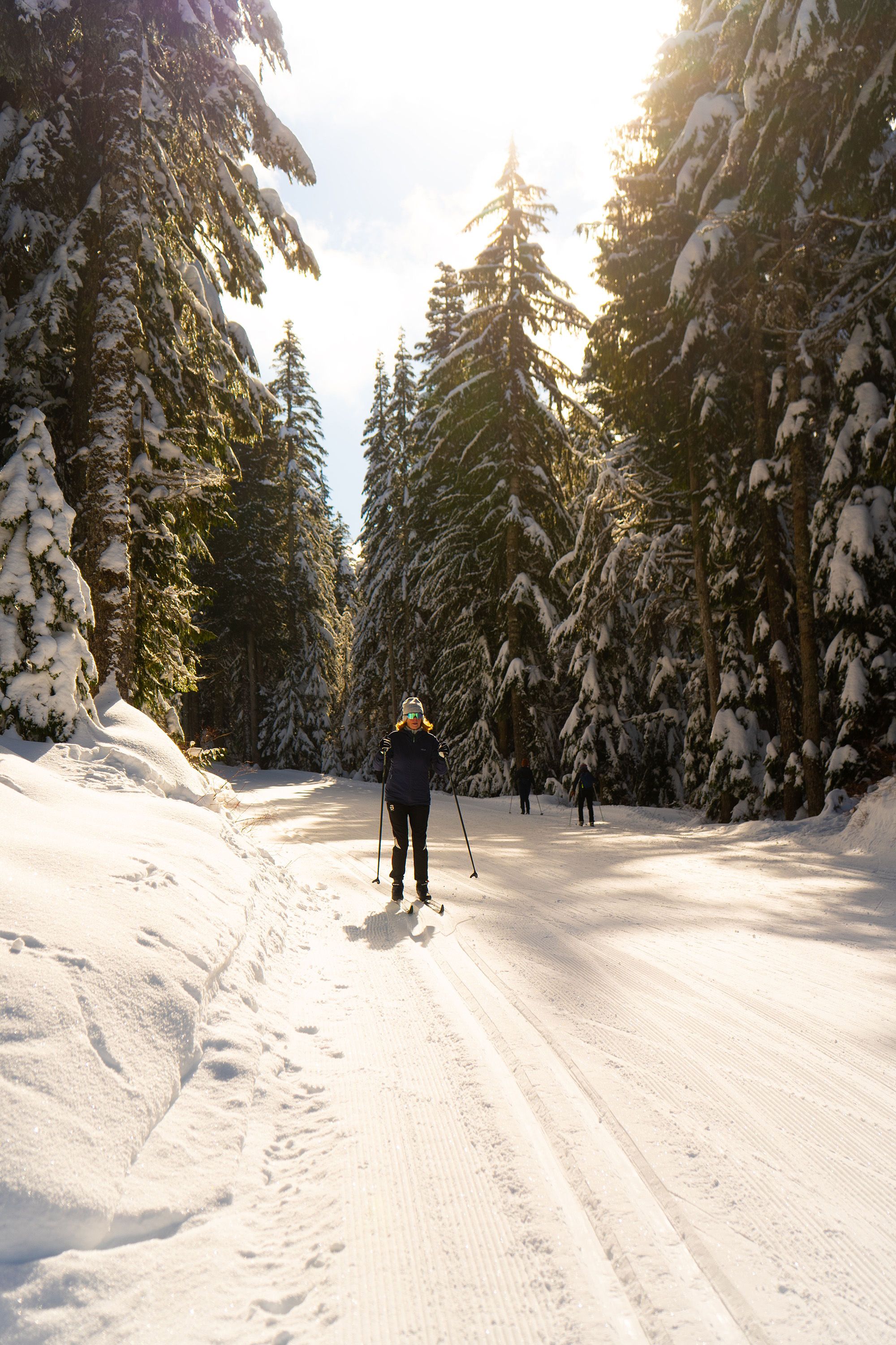 A woman cross country skiing on a sunny day.