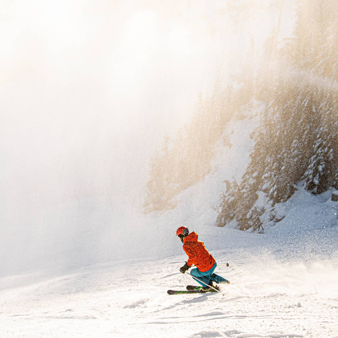 A person in red jacket skiing on a foggy and sunny day.