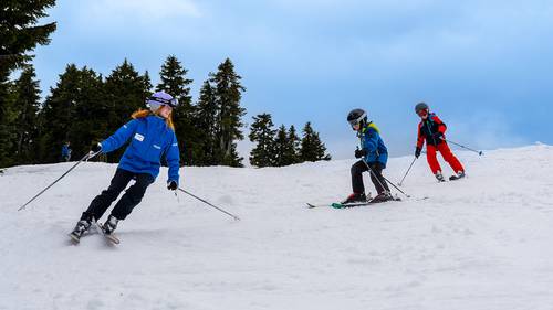 Ski instructor with two child students.