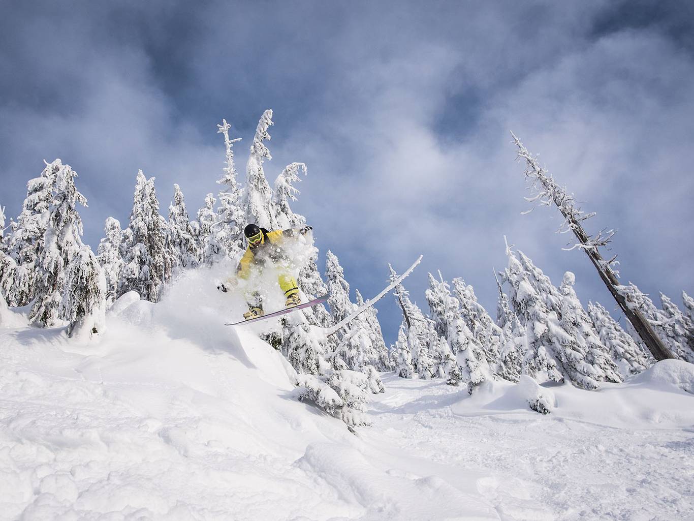 Snowboarder performing a jump on a powder day.