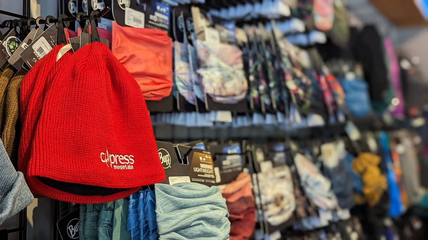 hats, merchandise and clothing available for purchase at Cypress Mountain