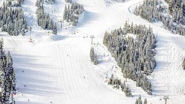 Ski runs in winter as viewed from above.