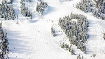 Ski runs in winter as viewed from above.
