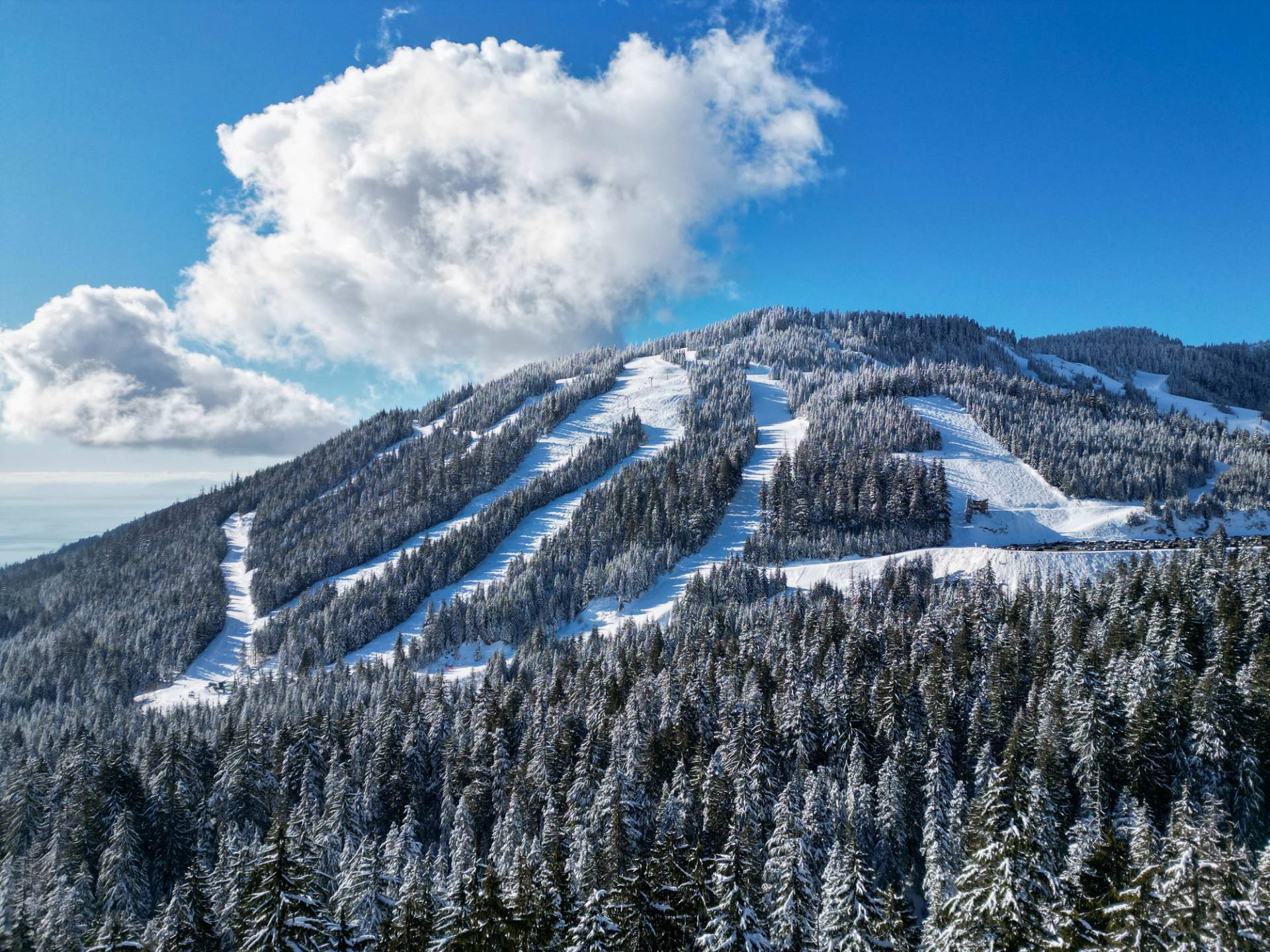 An aerial view of the Raven Ridge lift and ski runs on a sunny day.