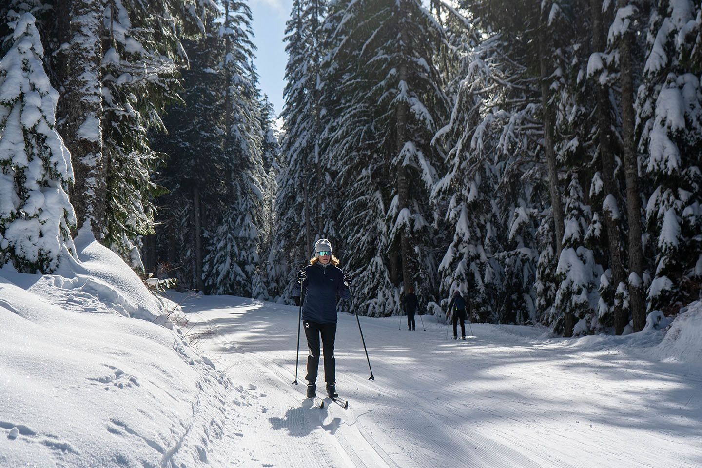 A woman cross country skiing in the snow covered forest.