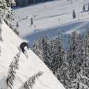 A skier in a black jacket descends a steep ski slope.
