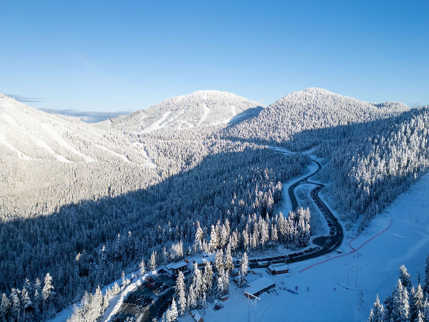 Drone shot of the parking lots during winter.