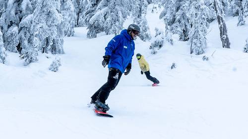 Snowboard instructor in front with student behind with snowy trees in the background.