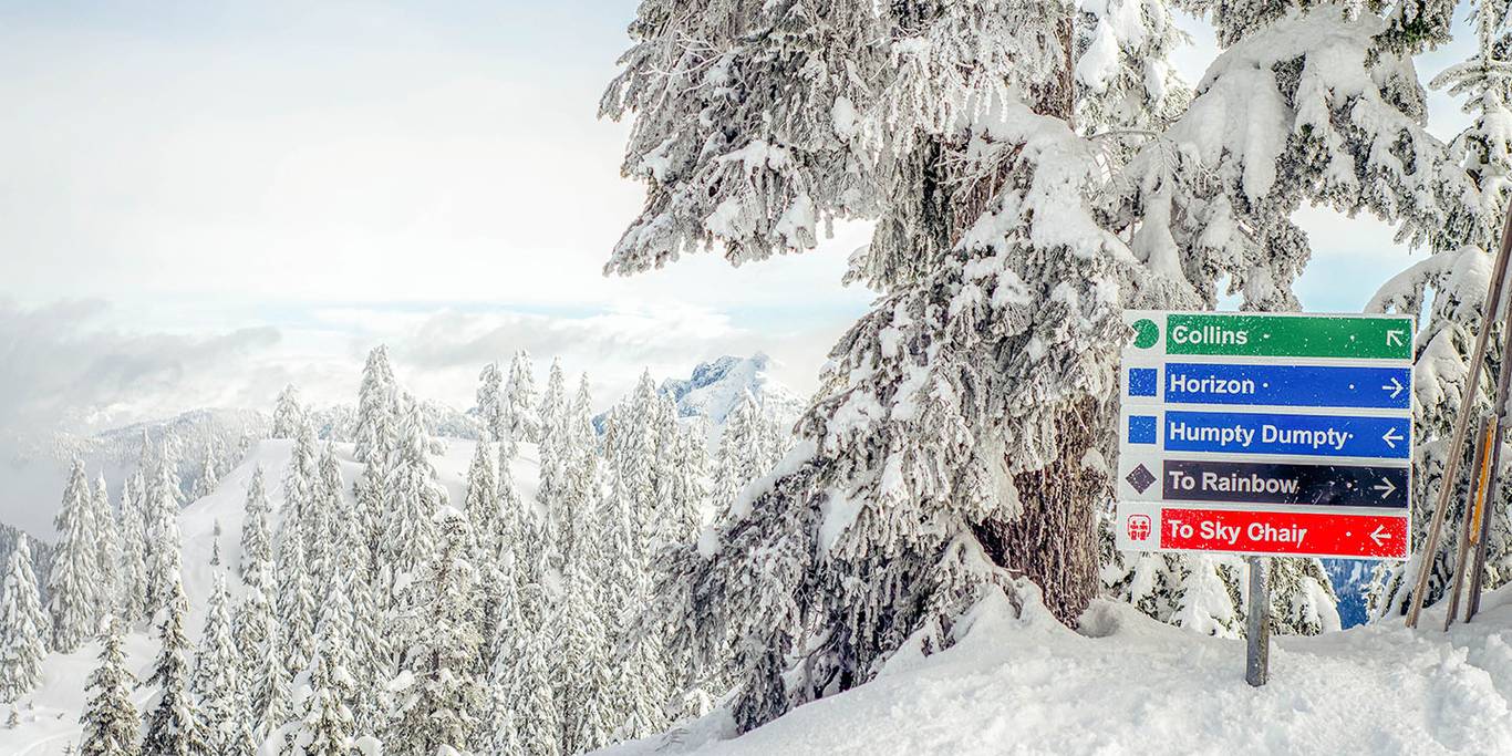 Mountain signs for green, blue and black runs on Cypress Mountain.