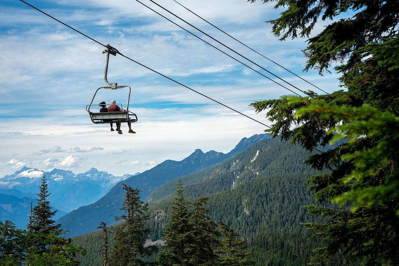 Two people on a chairlift in summer.