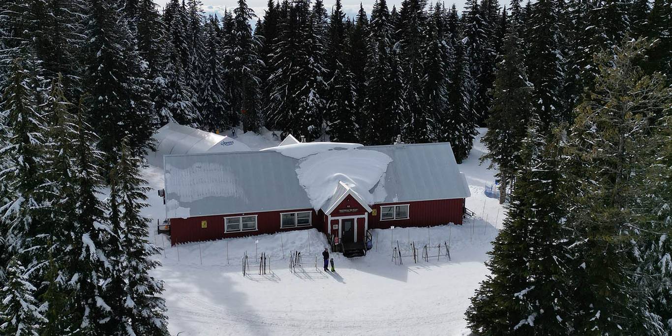 Hollyburn lodge in the forest with a white roof as viewed from above.