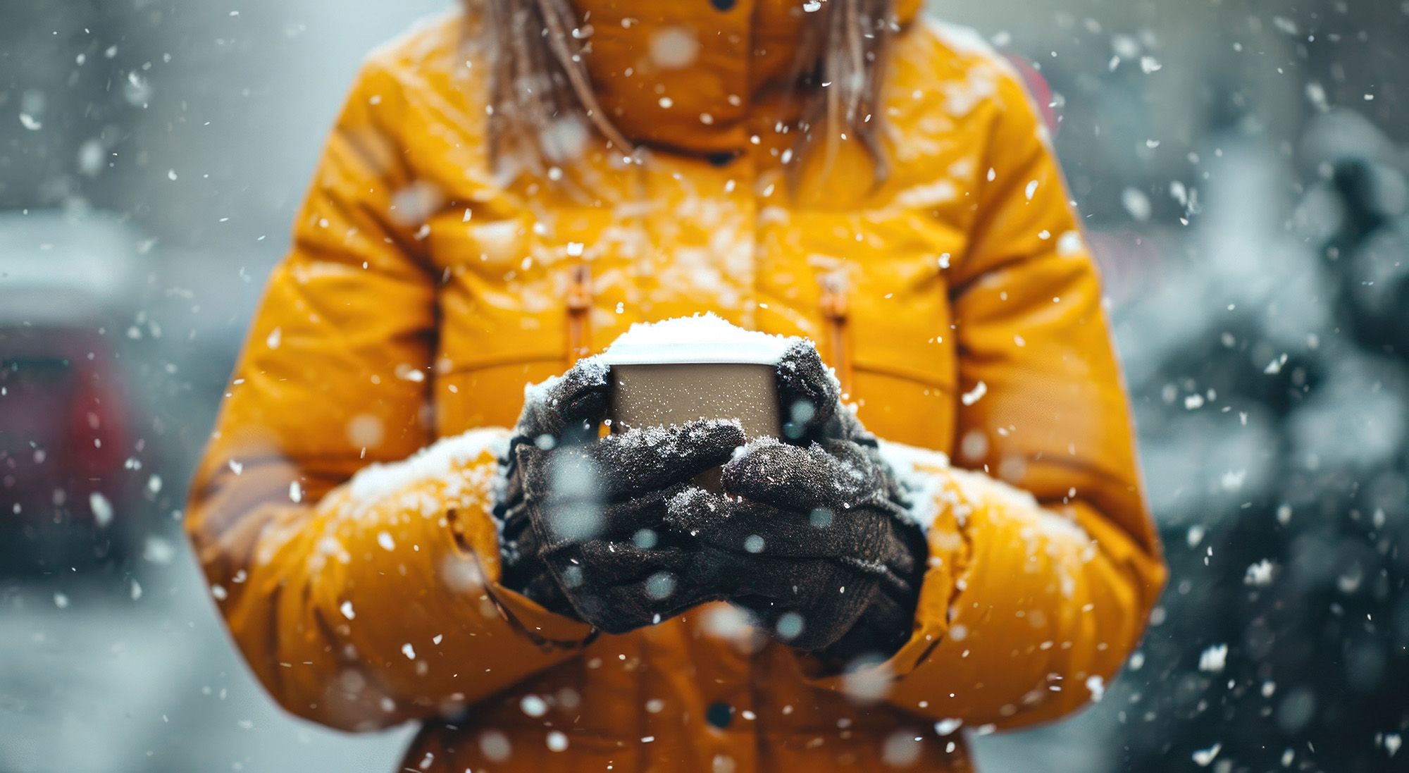 A guest enjoys a warm cup of hot chocolate as it snows around her.