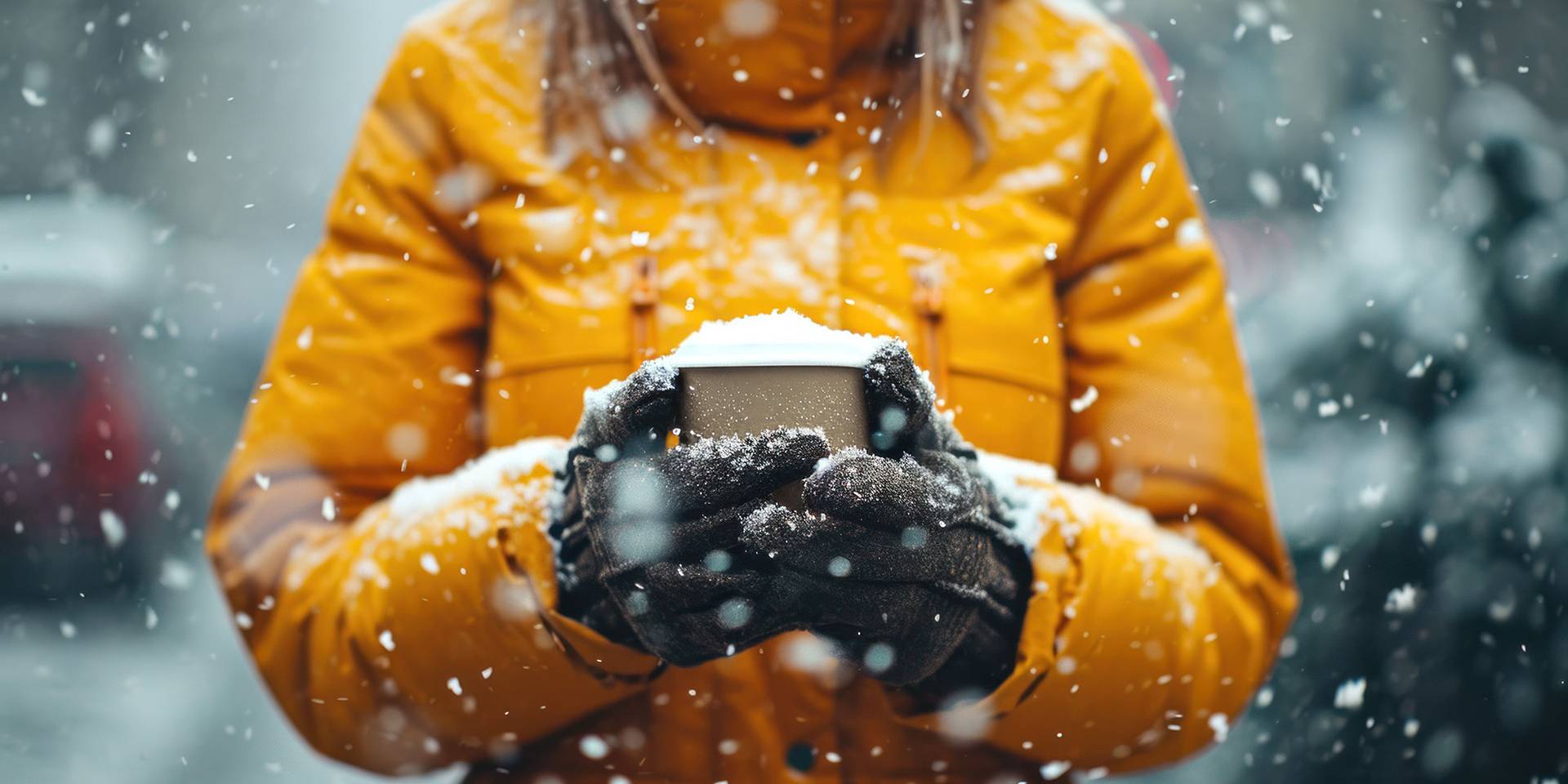 A guest enjoys a warm cup of hot chocolate as it snows around her.