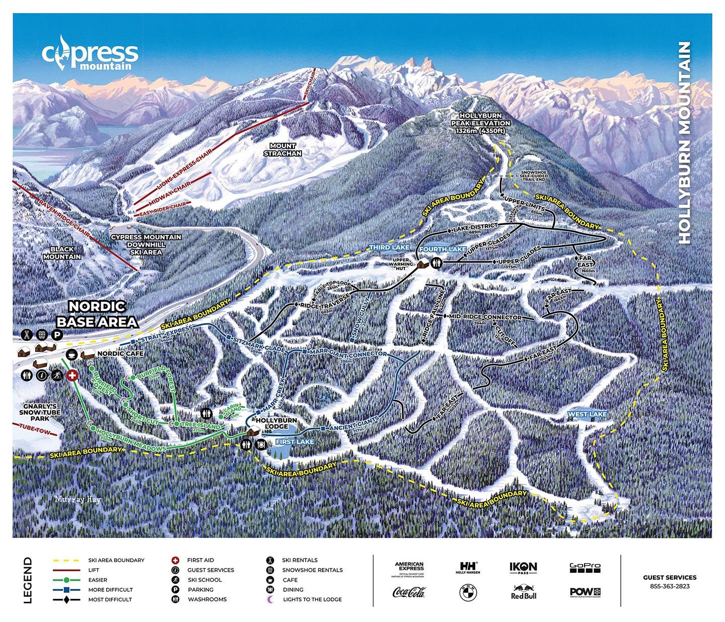 An illustrated map of the Cypress Mountain snowshoe trail network.