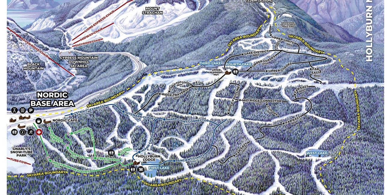 An illustrated map of the Cypress Mountain snowshoe trail network.