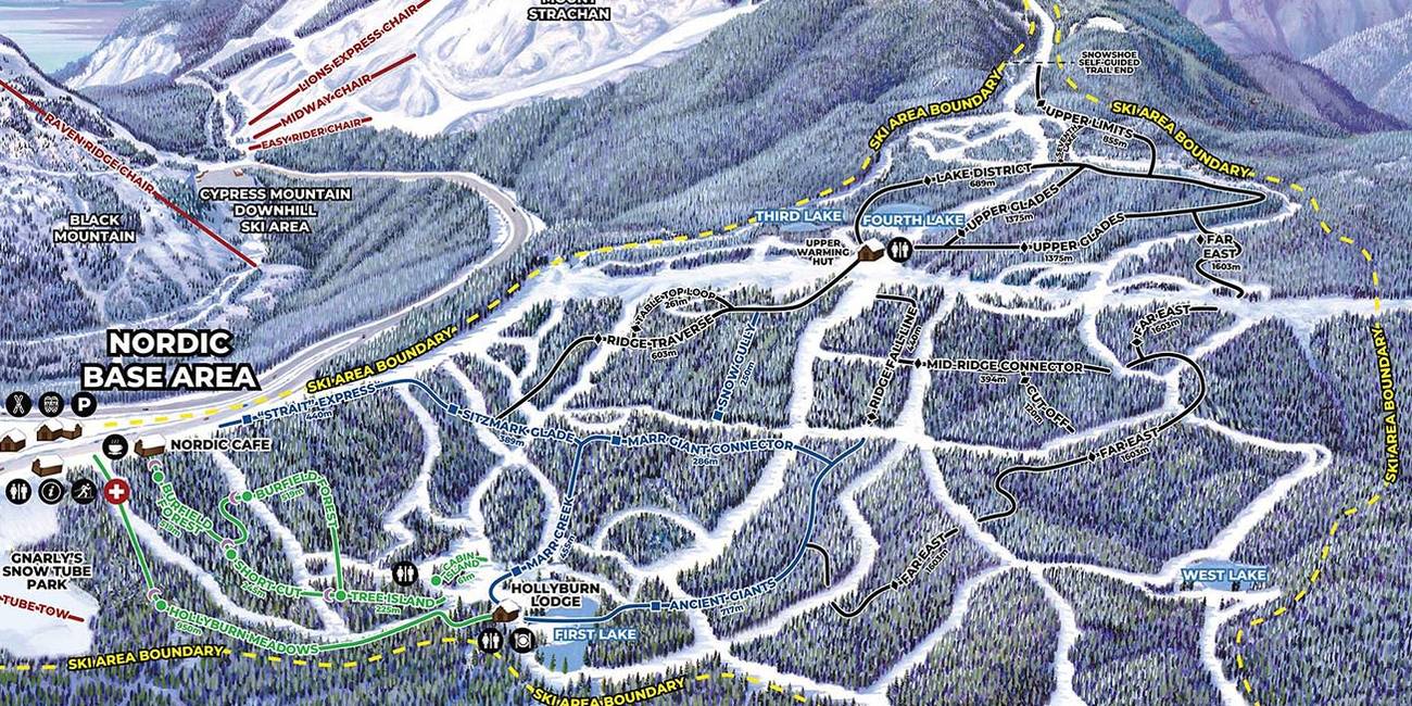 An illustrated map of the Cypress Mountain snowshoe trail network.