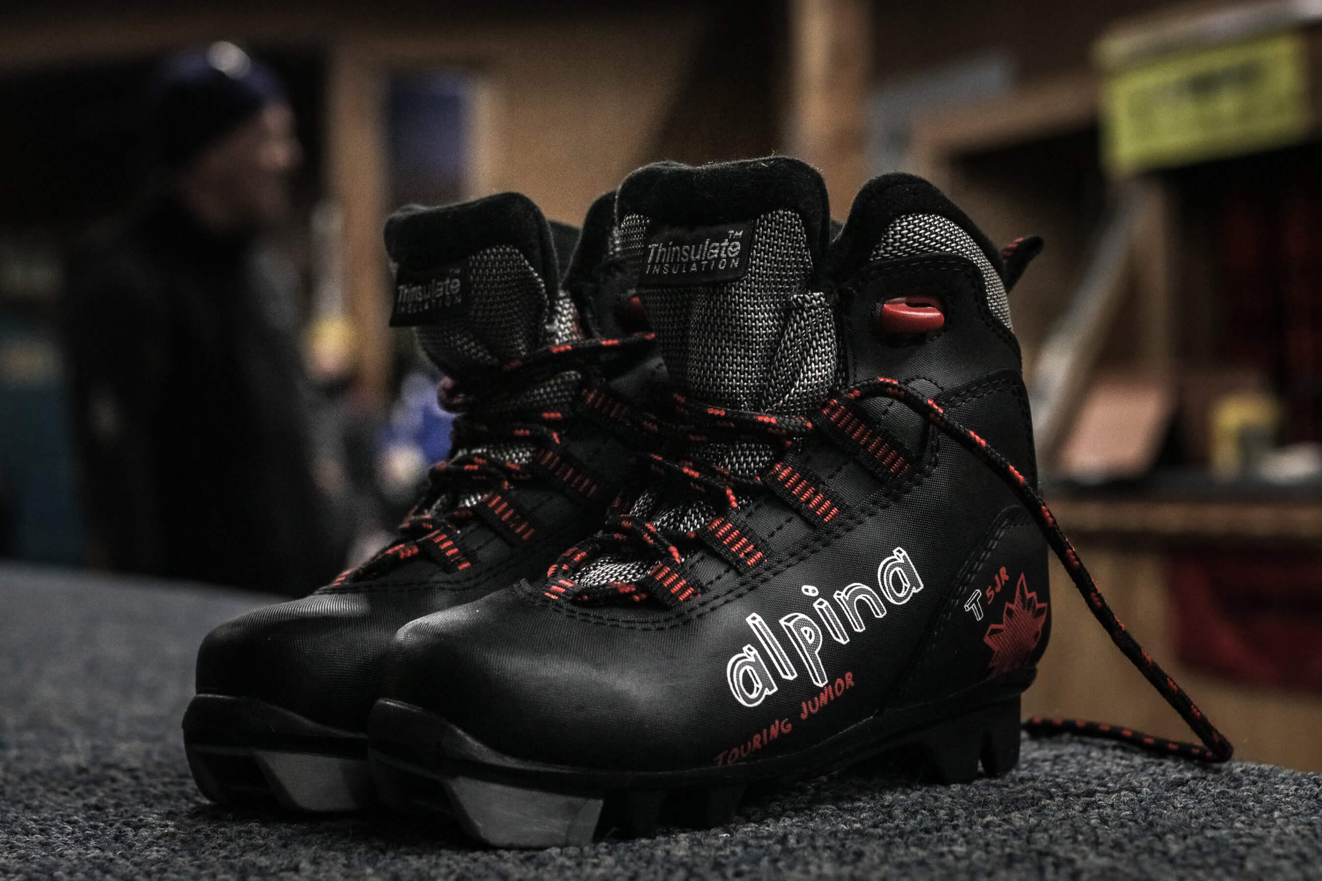 close up of nordic ski boots