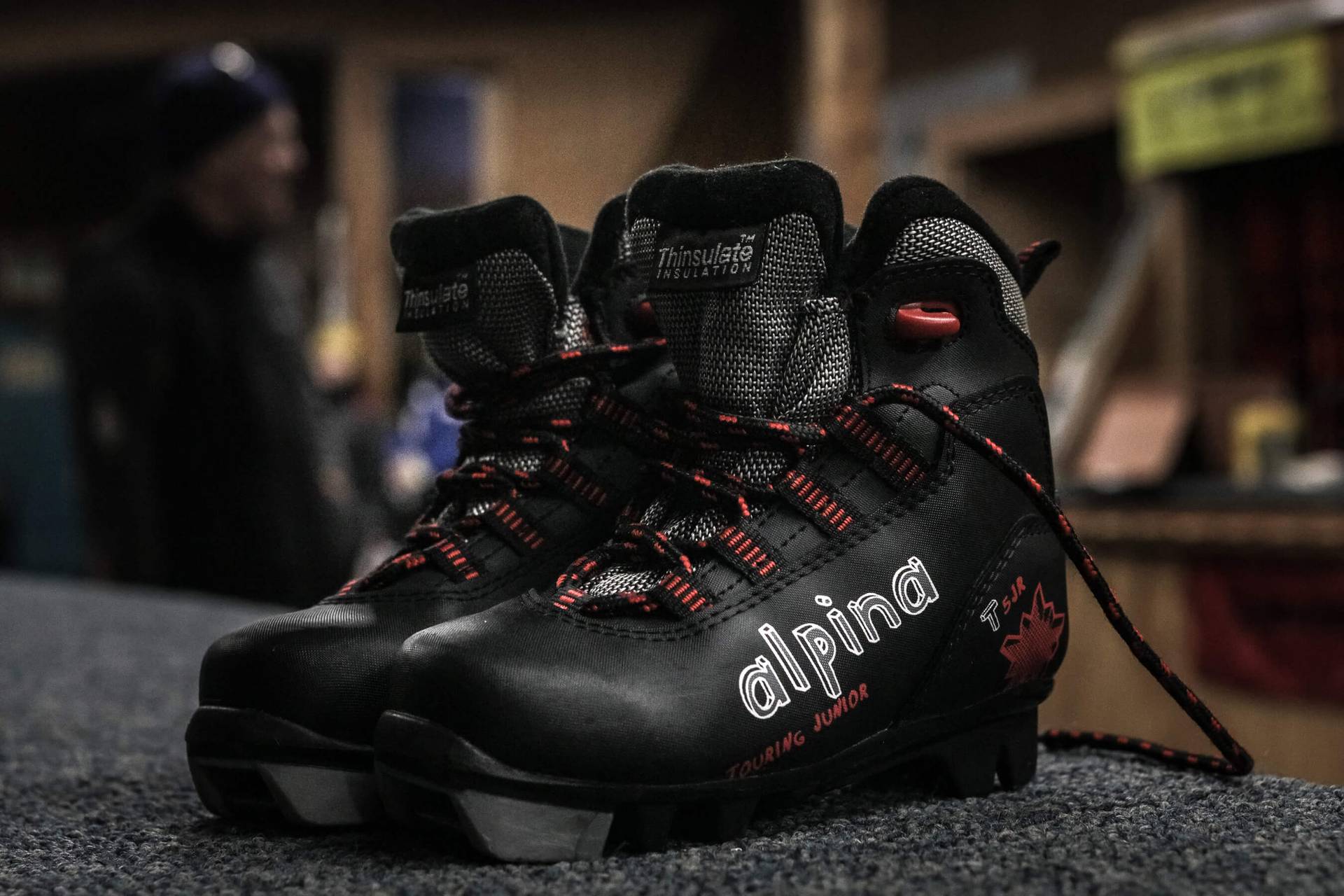 close up of nordic ski boots