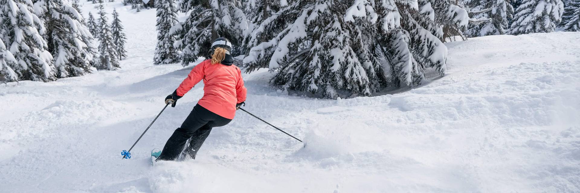 skier in pink jacket in powder and trees