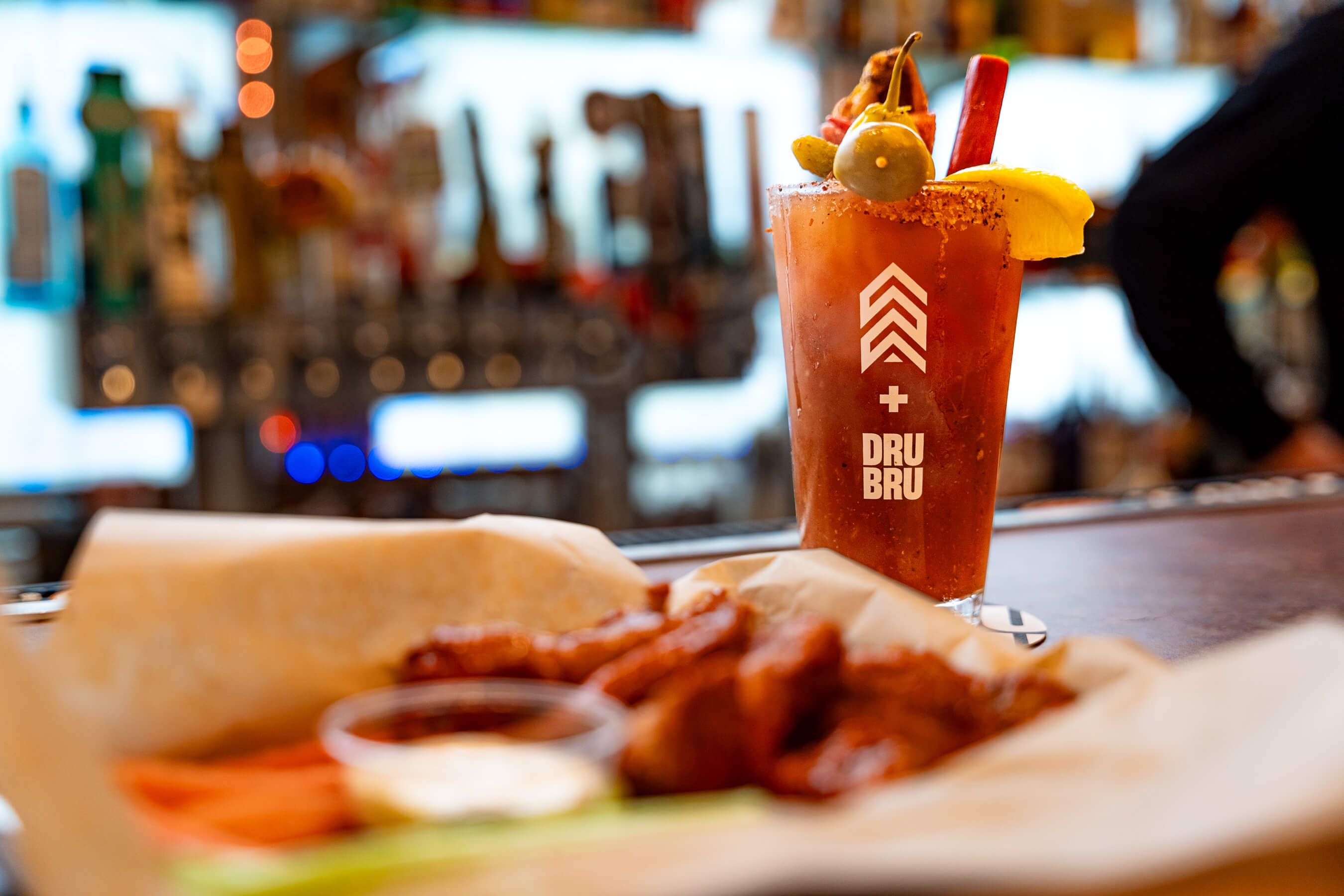 Bloody mary and wings appetizer at Timberwolf pub