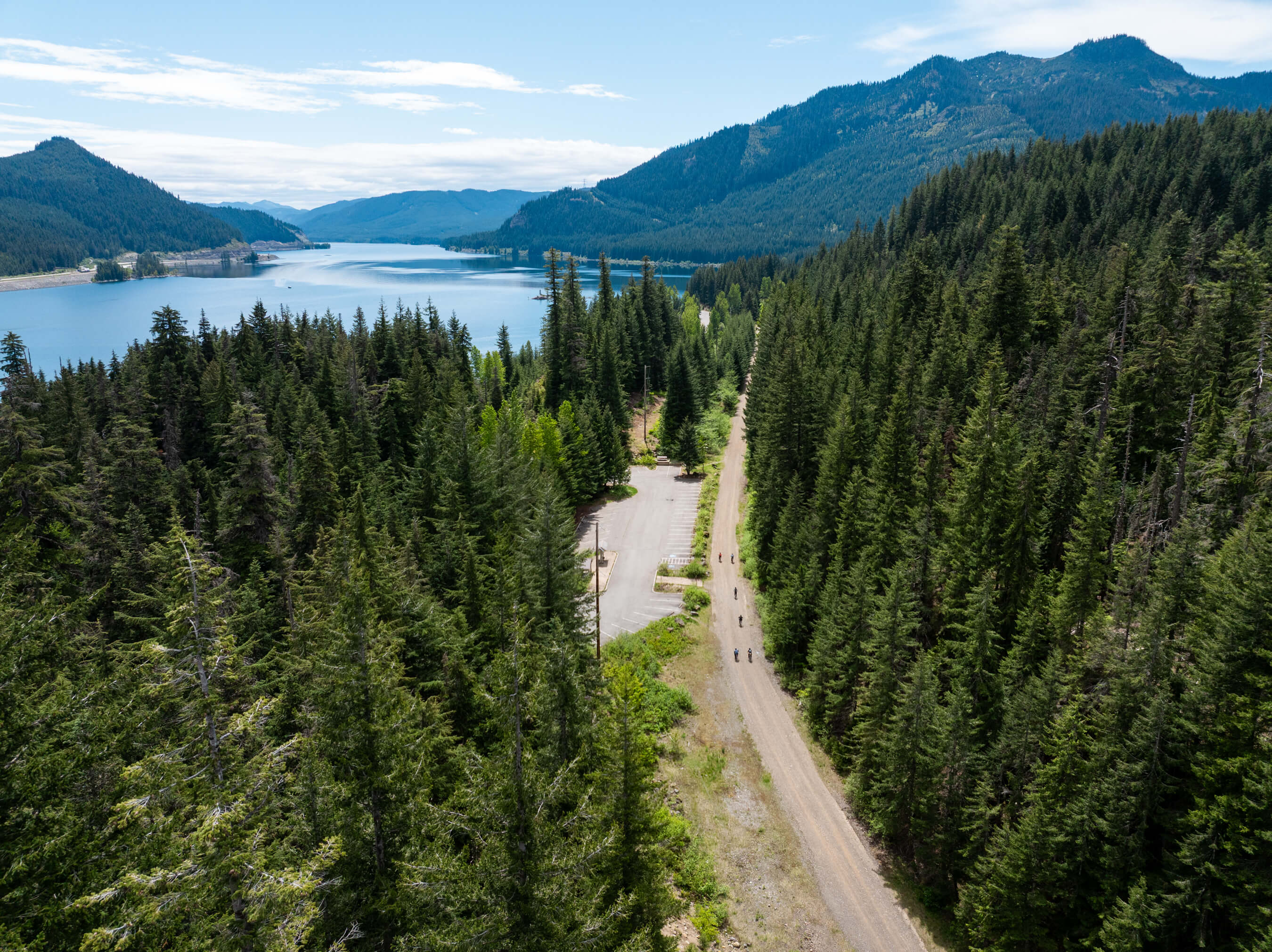 drone image of palouse to cascade trail eastbound with lake keechelus in the background