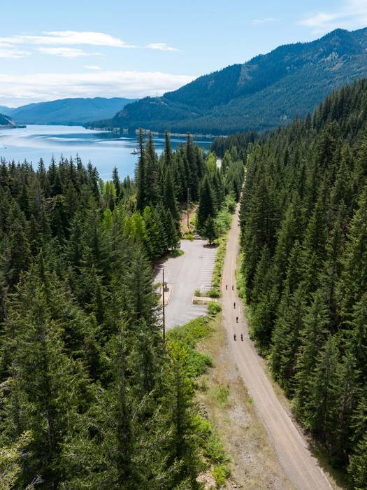 drone image of palouse to cascade trail eastbound with lake keechelus in the background