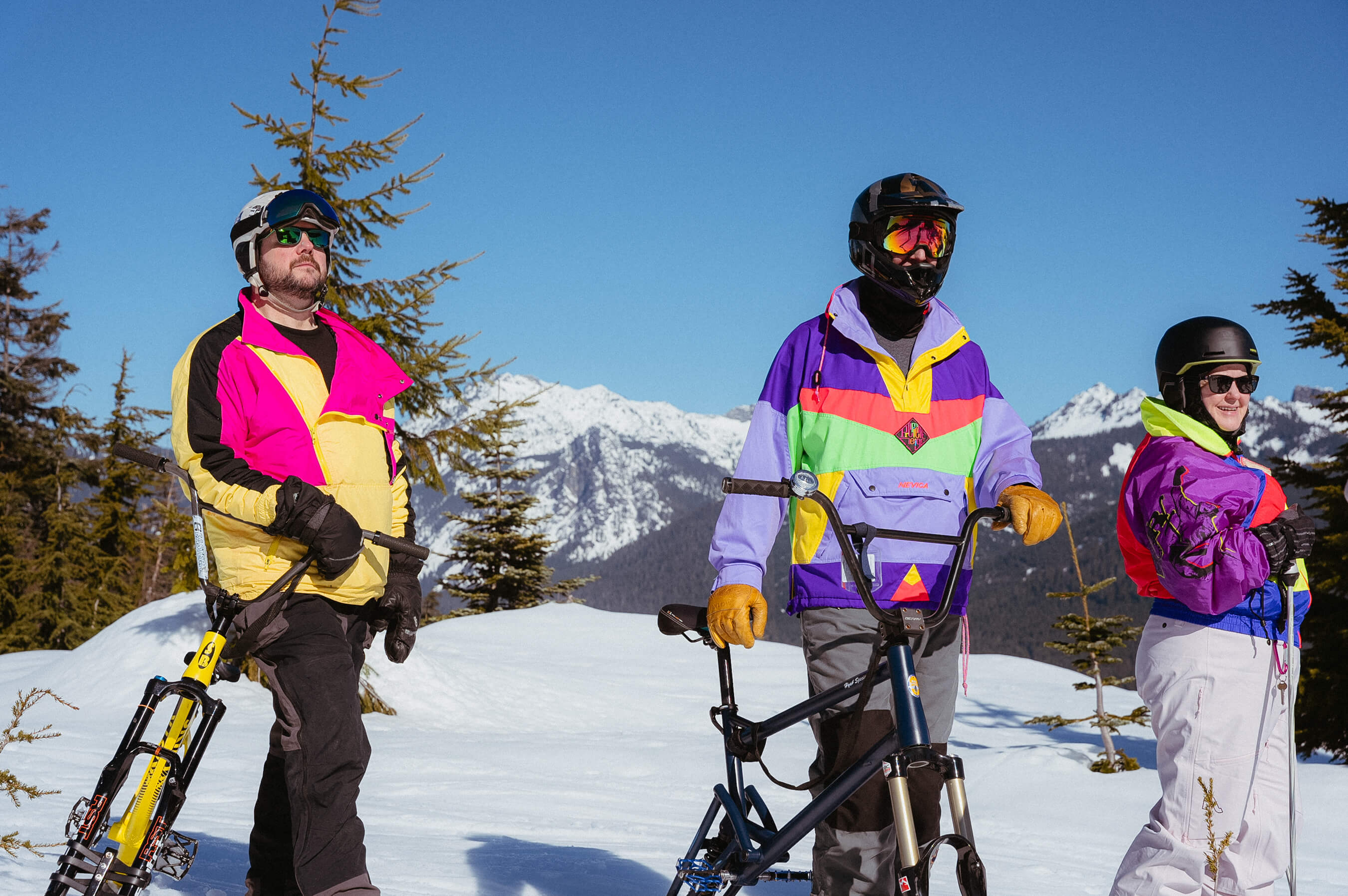 ski bikes neon outfits retro day 