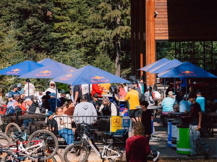 silver fir plaza busy summer day redbull branding