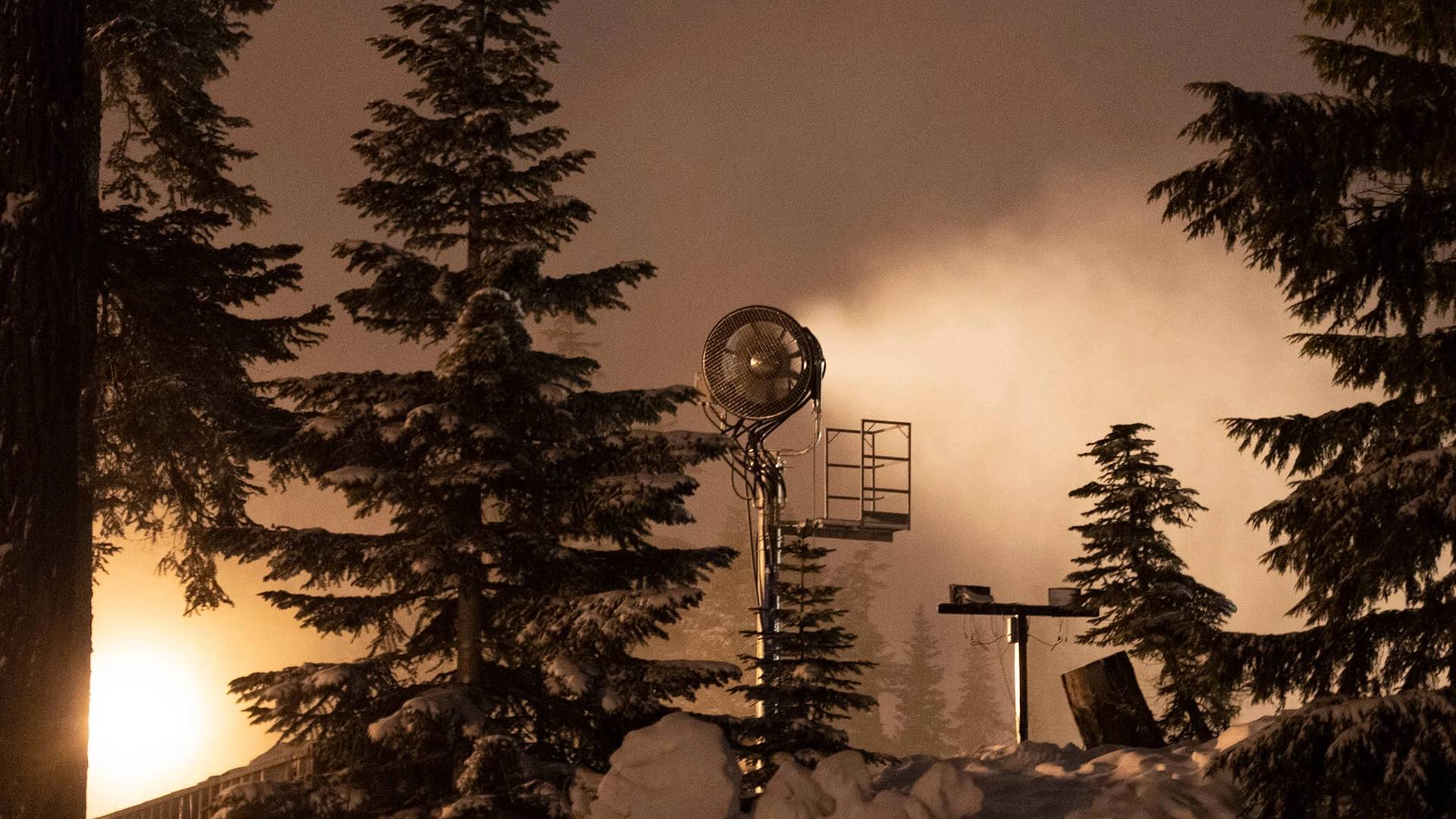 A snow gun blowing snow at Snoqualmie