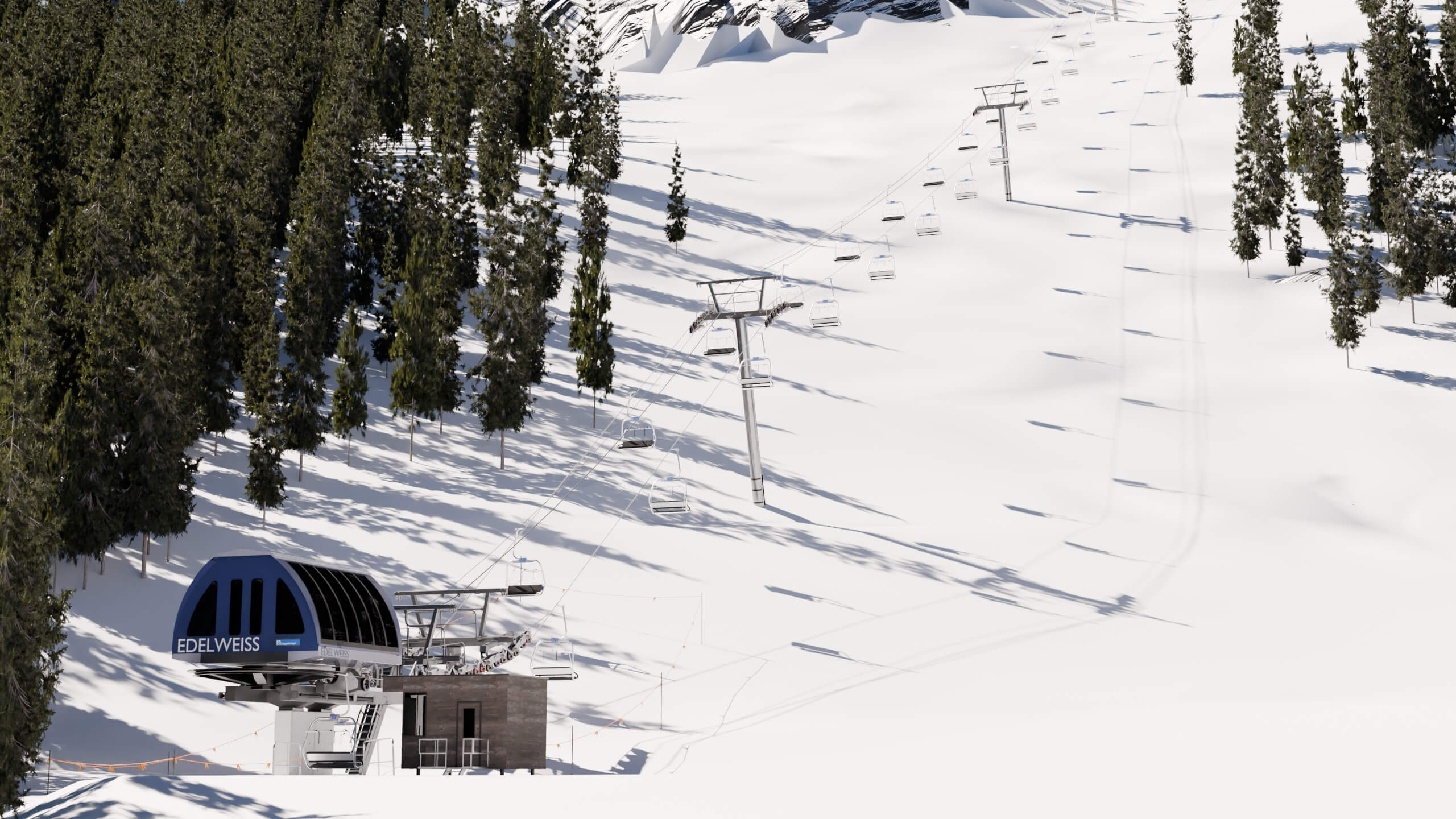 a rendering looking down at the bottom of the new edelweiss triple chairlift