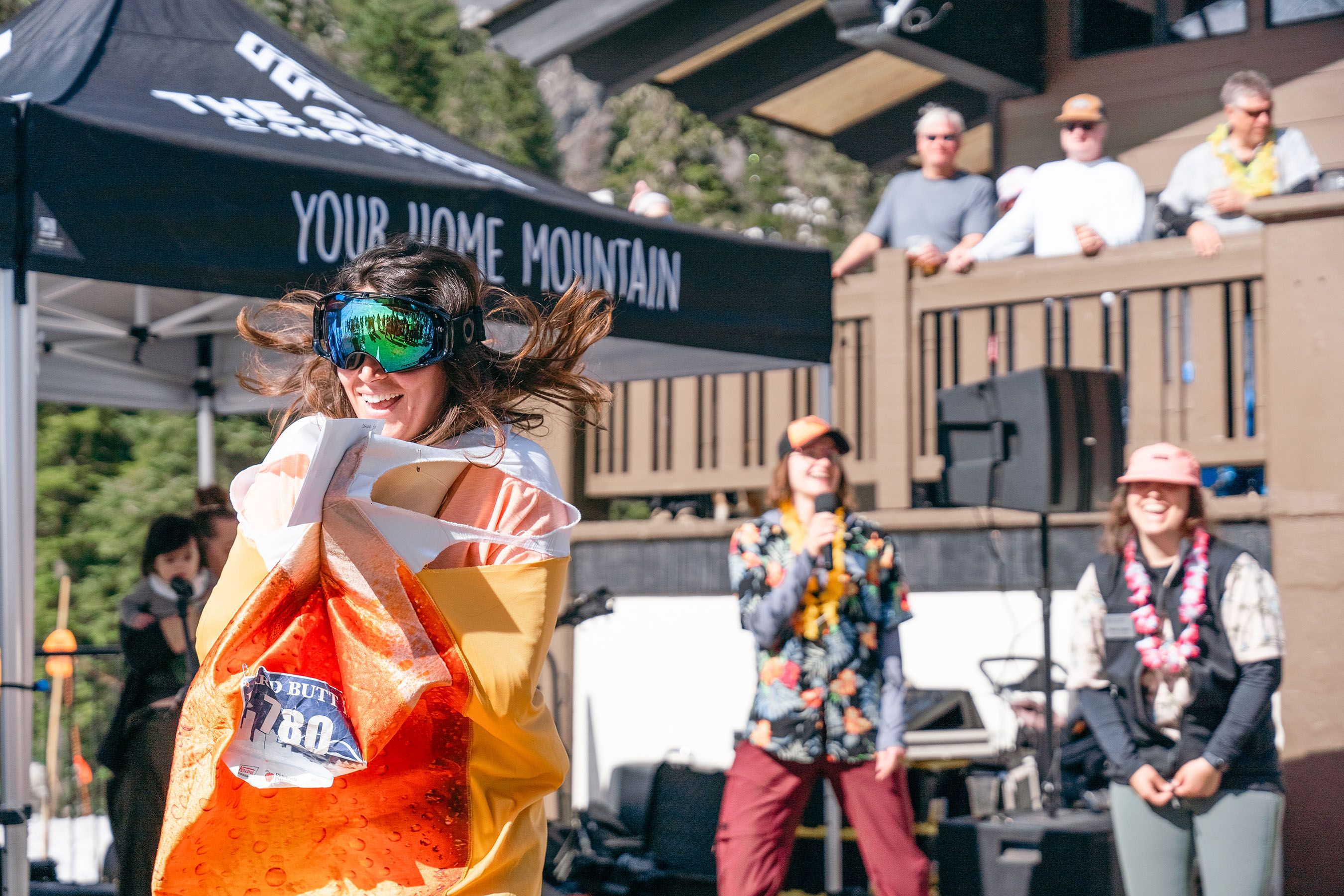 Girl in hot dog costume at Alpental