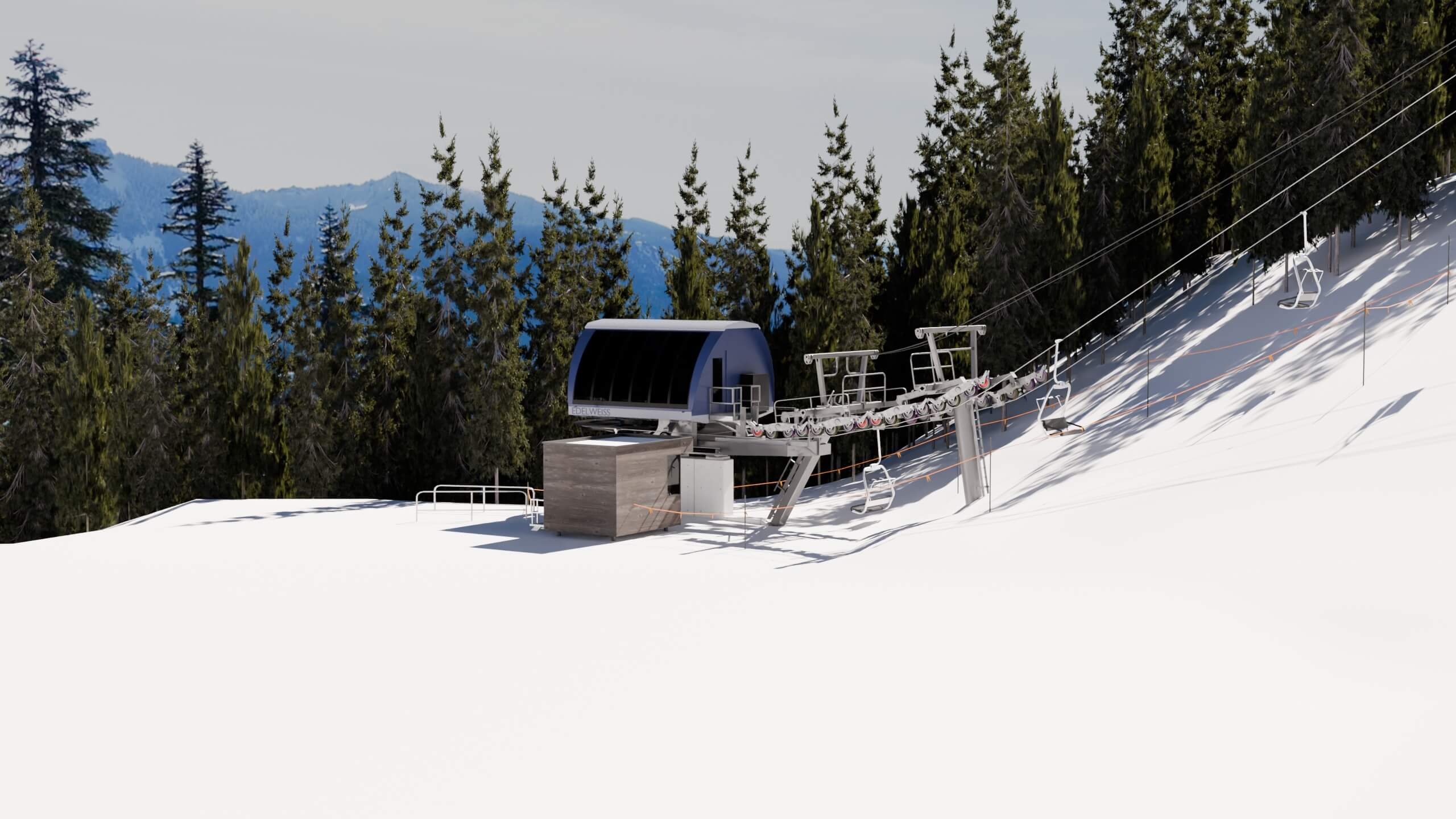 a rendering looking at the side of the new edelweiss triple chairlift