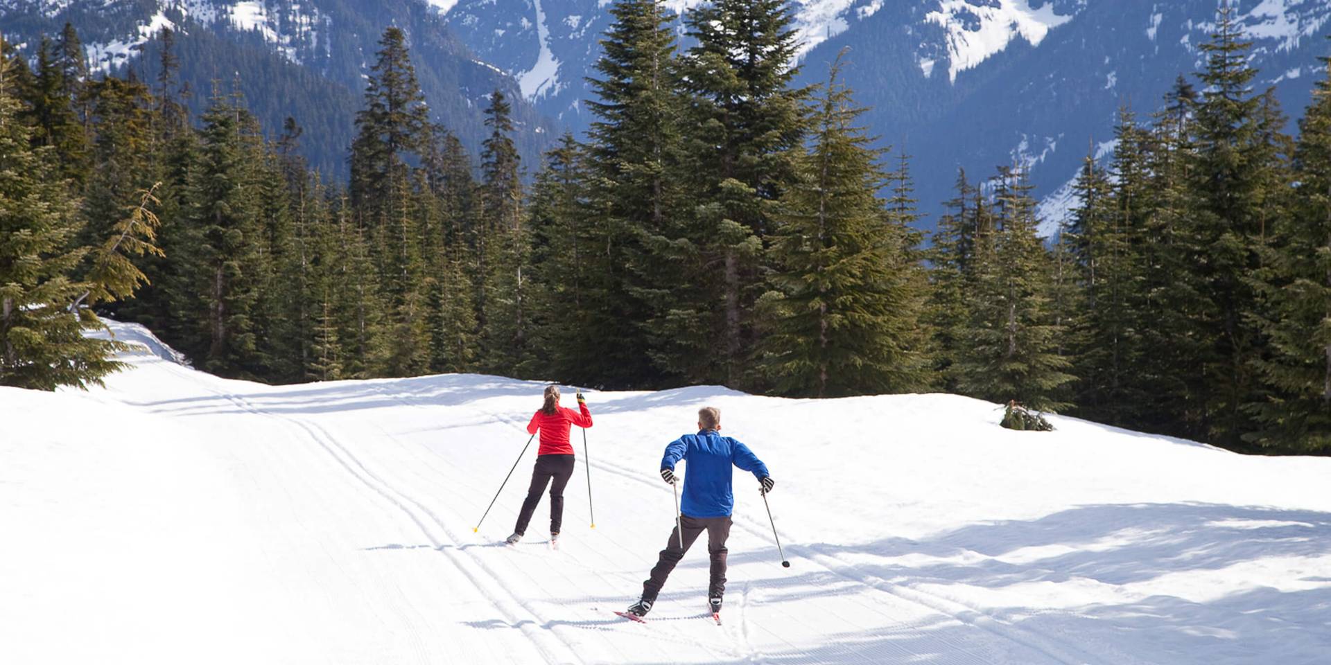 two people nordic skiing high in the mountains with views