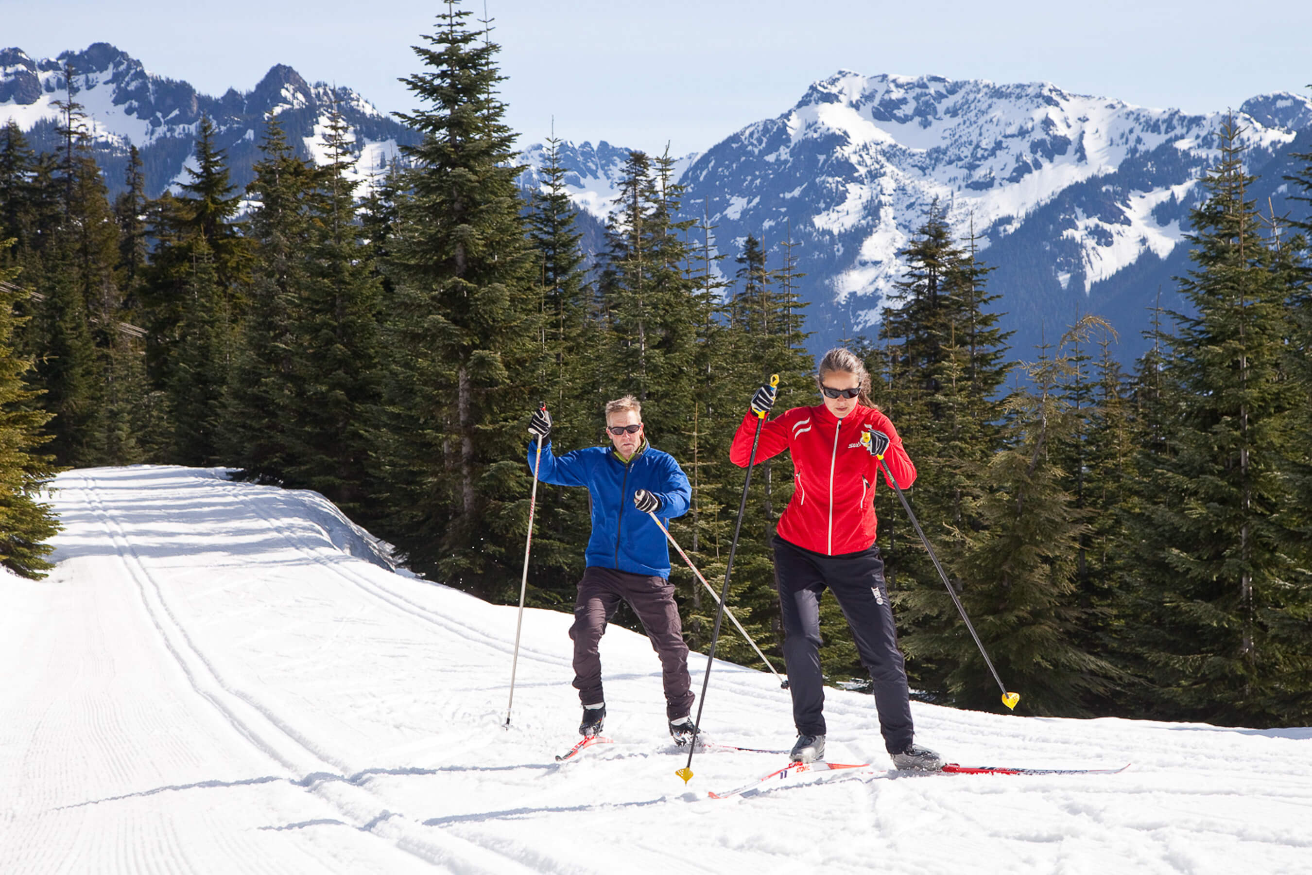 couple cross country skiing at The Summit