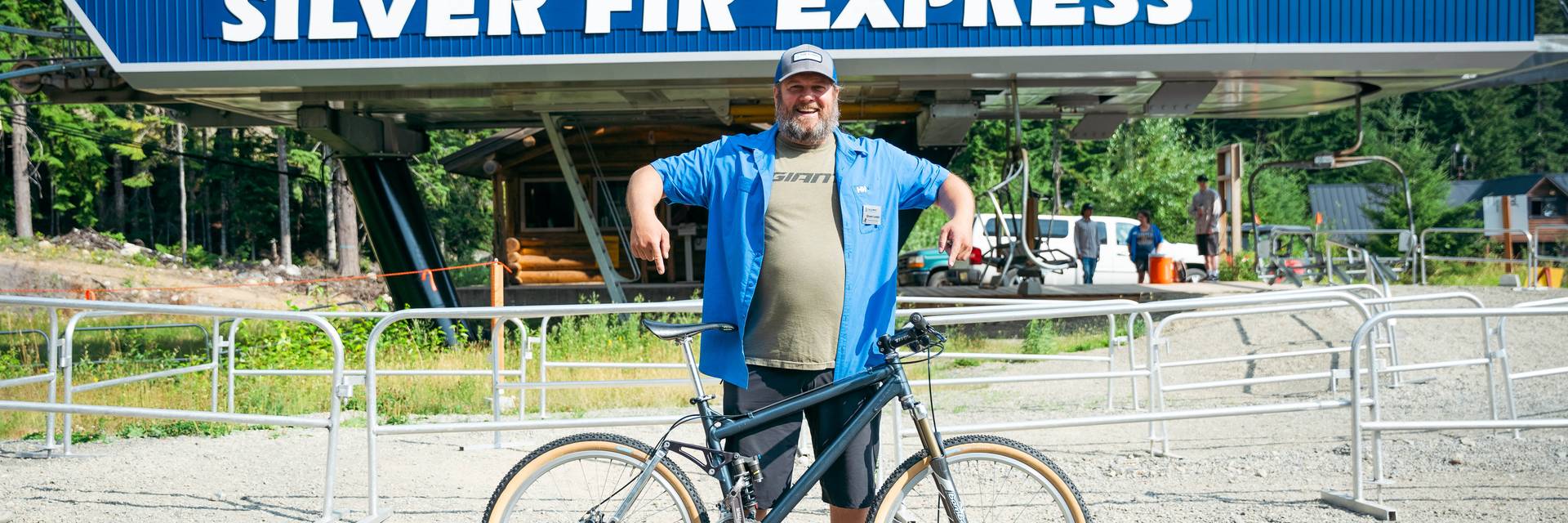 Posing with vintage bike in front of Silver Fir Express