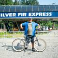 Posing with vintage mountain bike in front of Silver Fir Express