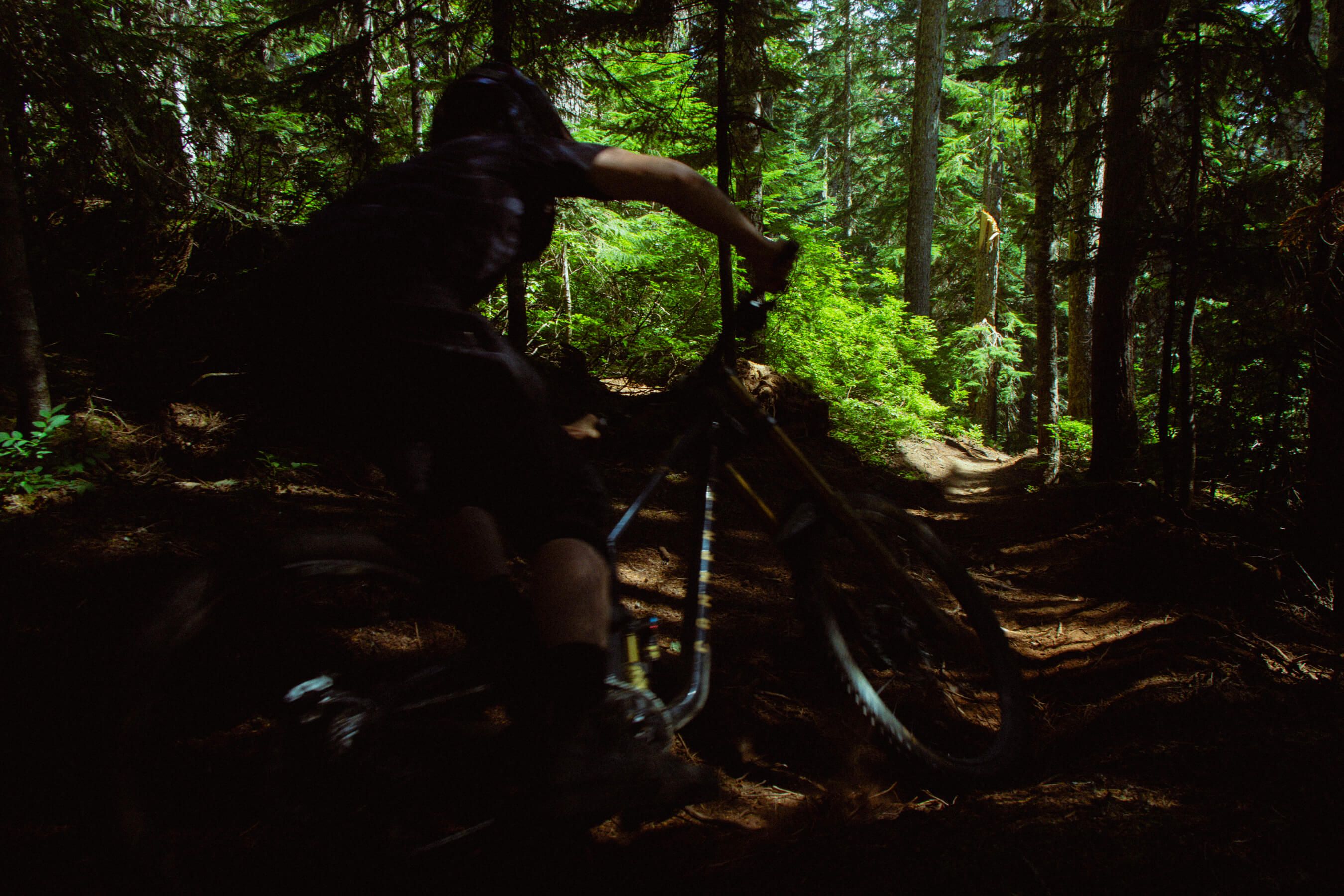 Rider speeds through shadows during downhill mountain bike race