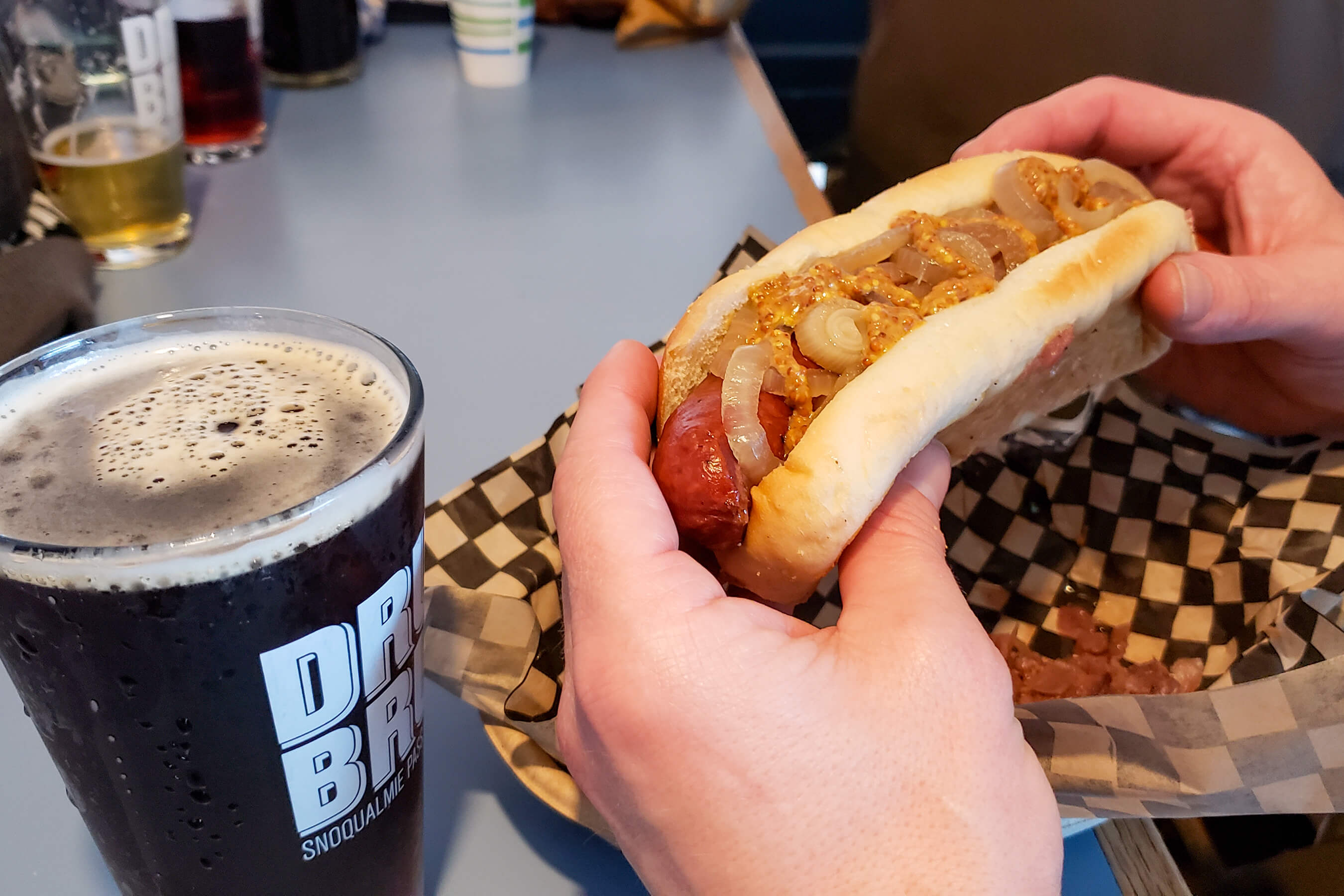 loaded bratwurst and beer
