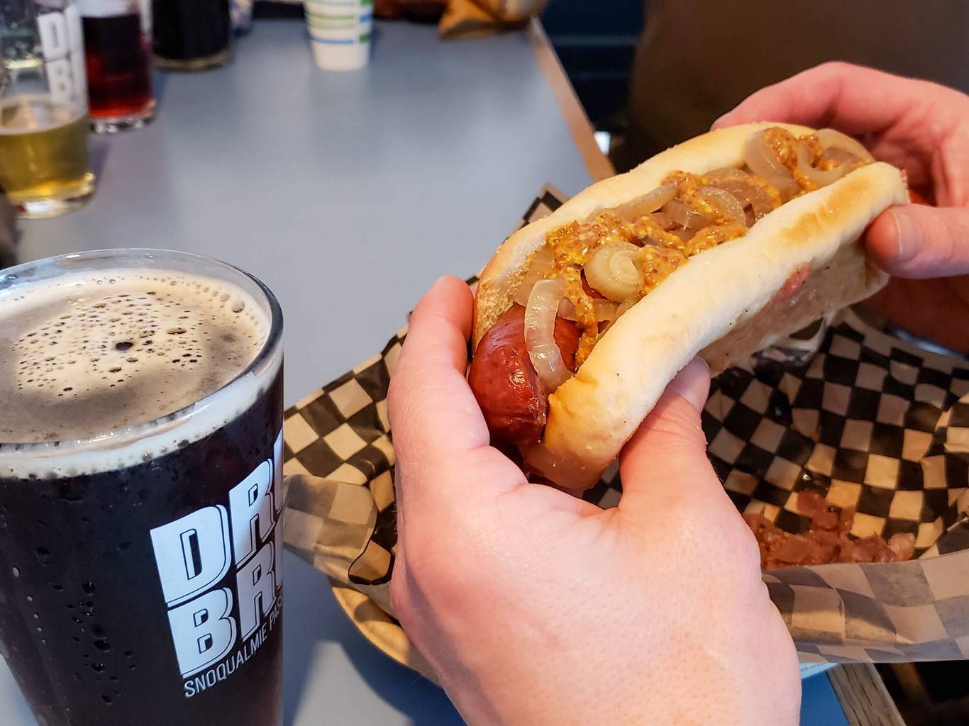 loaded bratwurst and beer