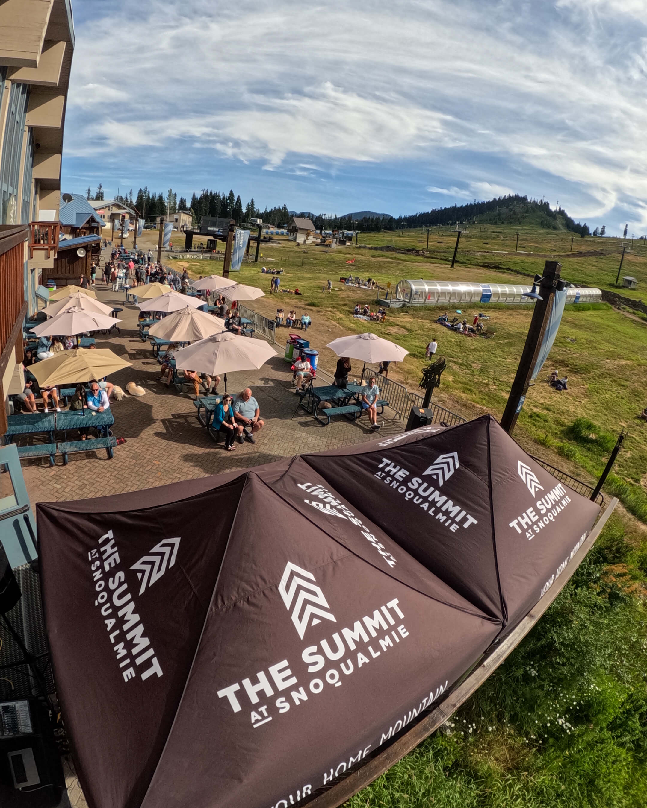 View of the Summit West plaza on a busy summer saturday