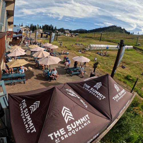 View of the Summit West plaza on a busy summer saturday