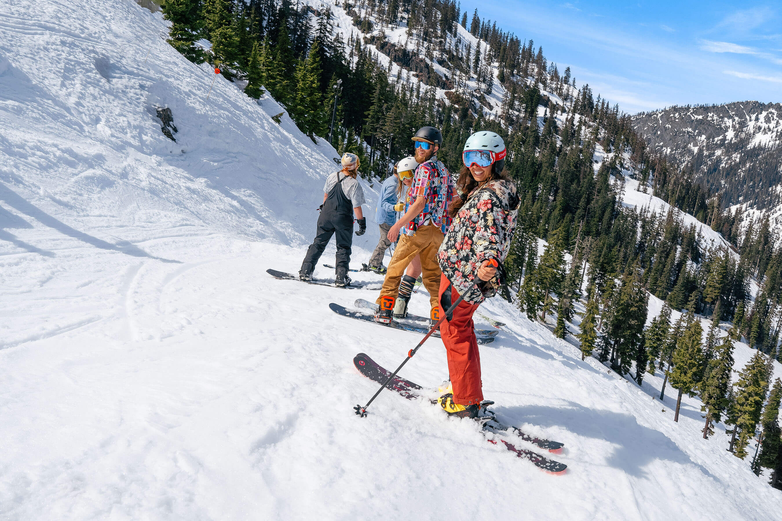 Woman waiting with group spring day at Alpental