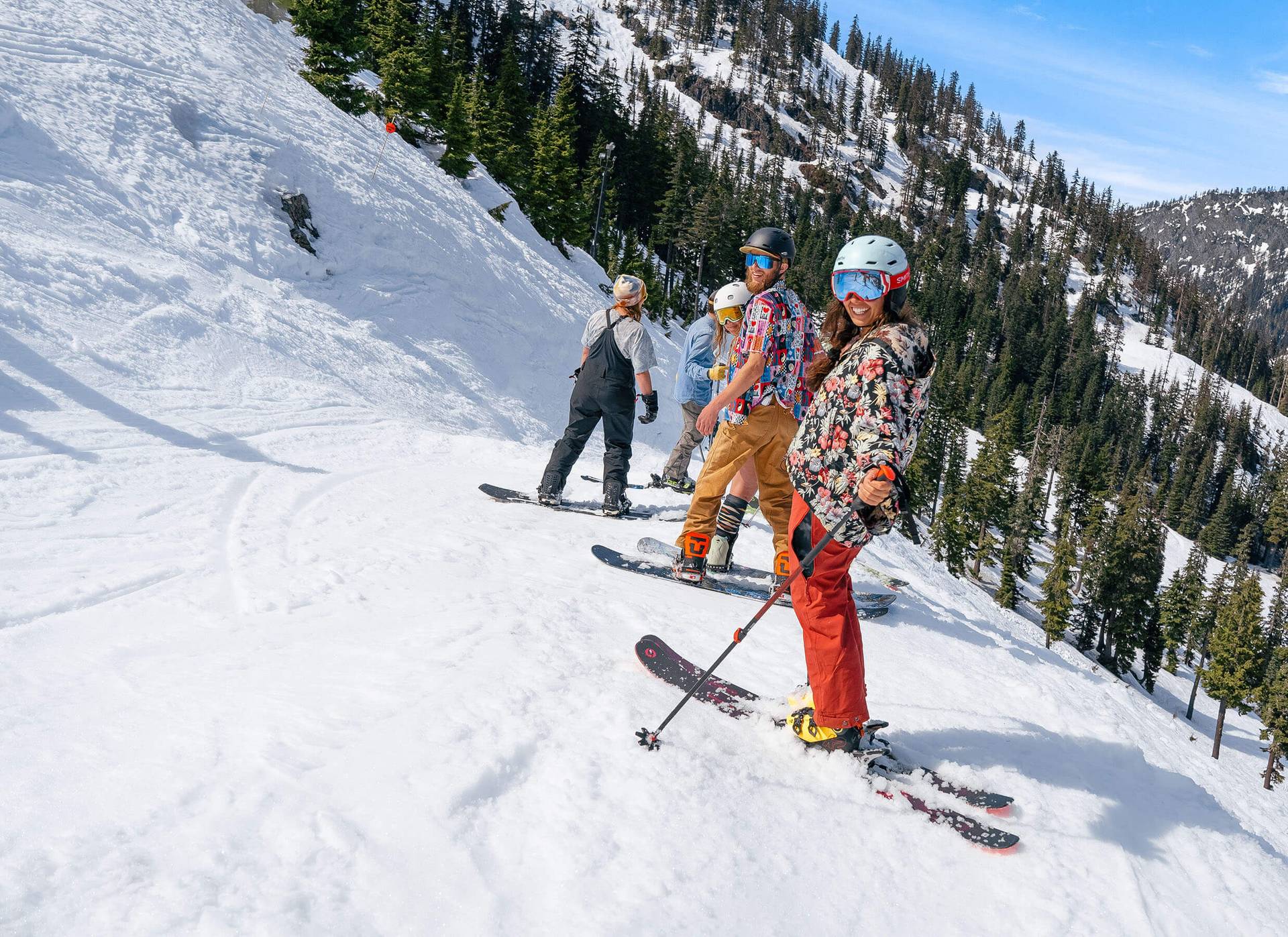 Woman waiting with group spring day at Alpental