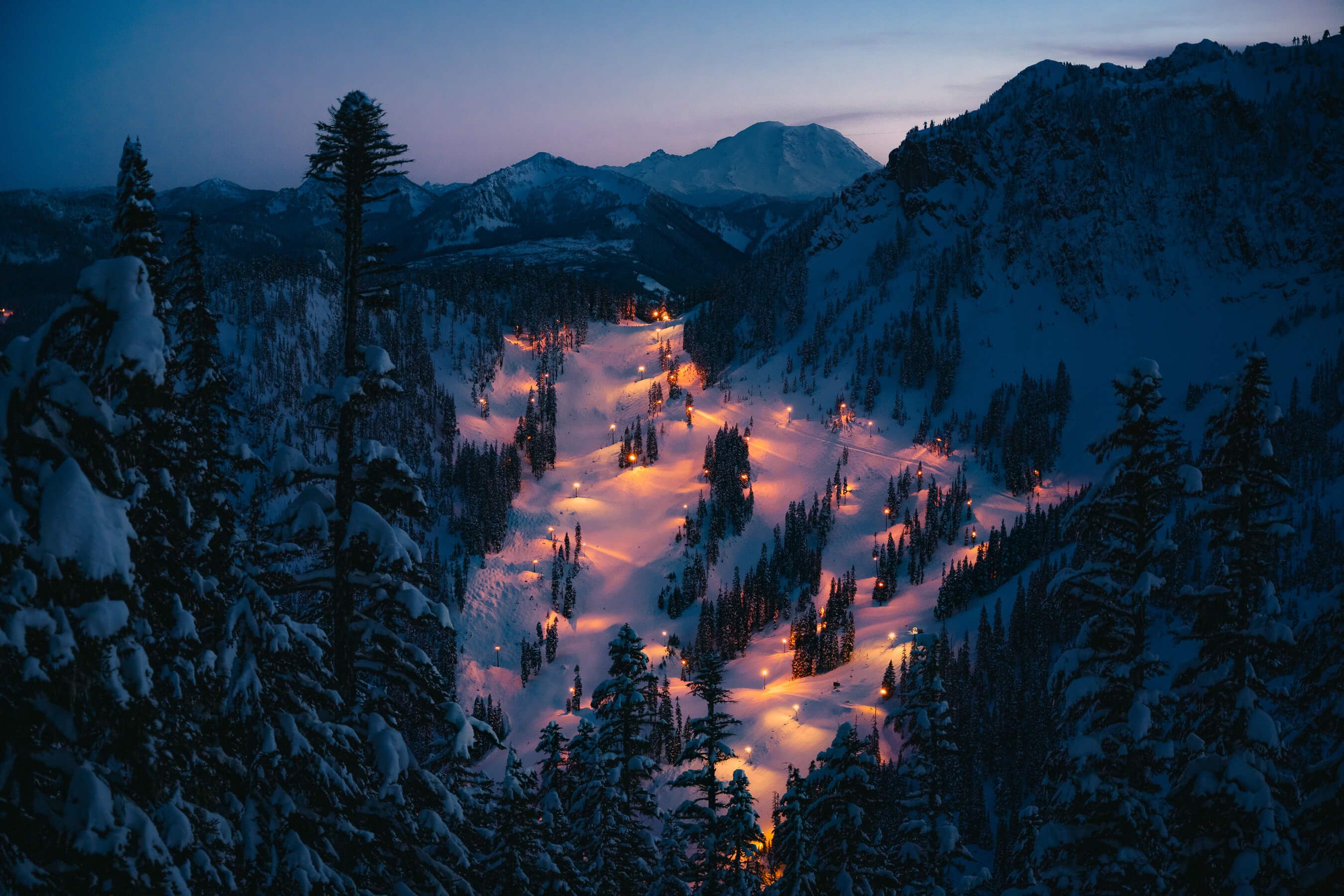 scenic image of alpental at dusk with mount Rainier in the background