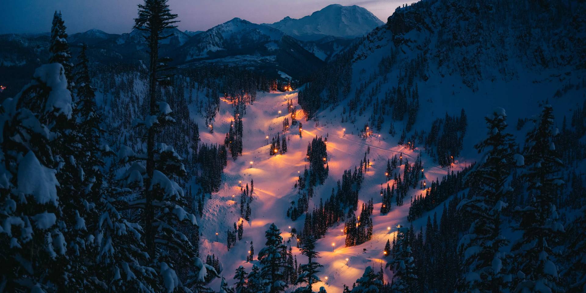 scenic image of alpental at dusk with mount Rainier in the background