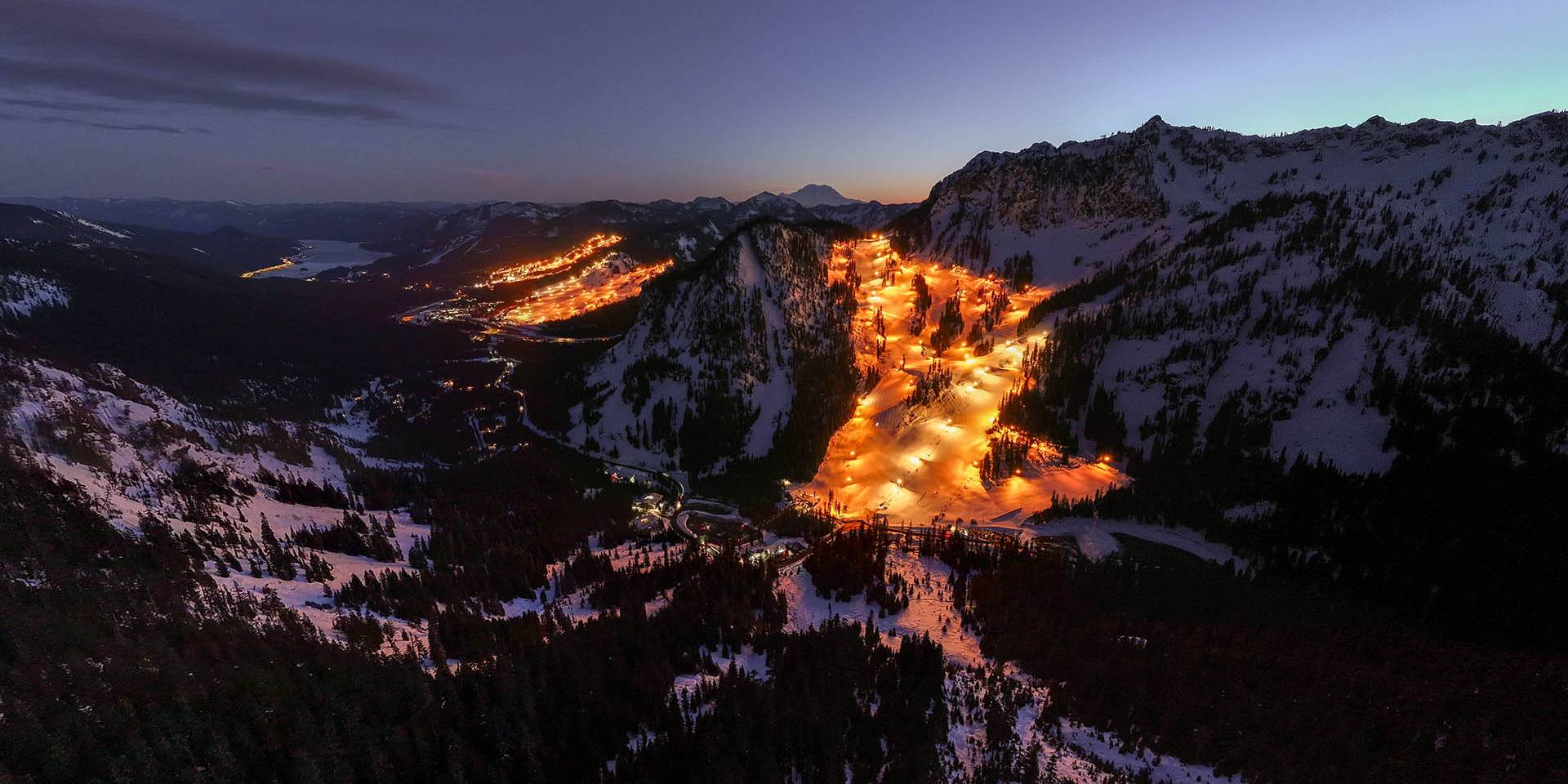 night drone image of alpental and all summit