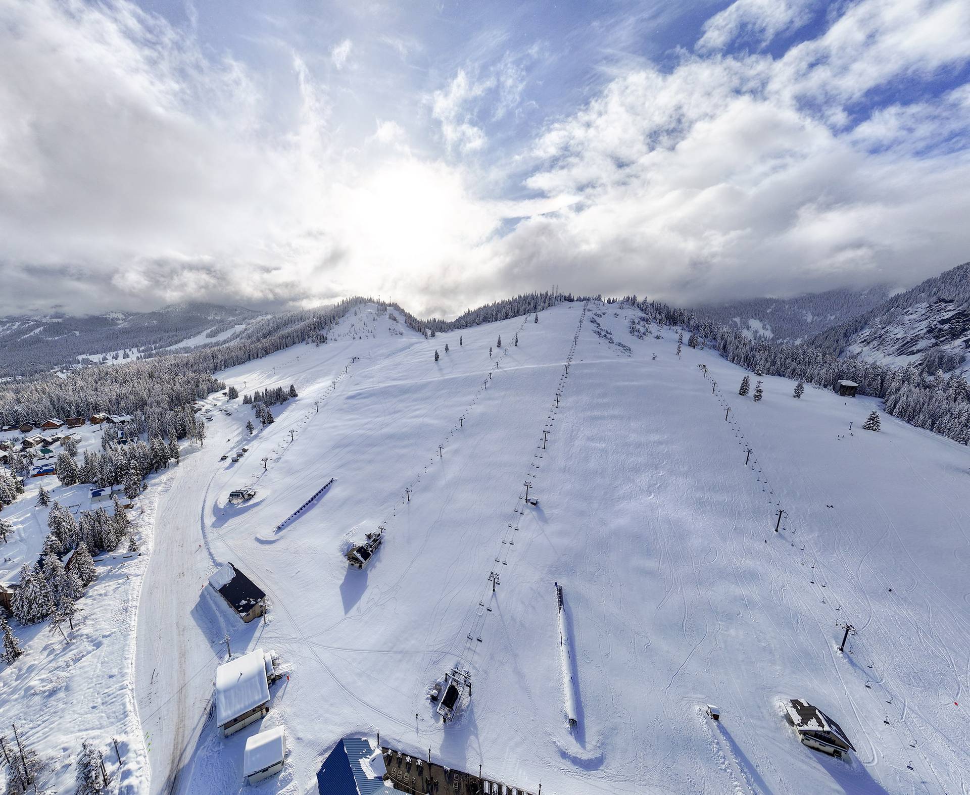 A beautiful view of Summit West in the winter taken from a drone