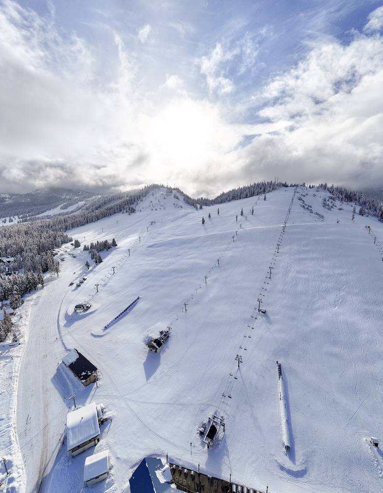 A beautiful view of Summit West in the winter taken from a drone